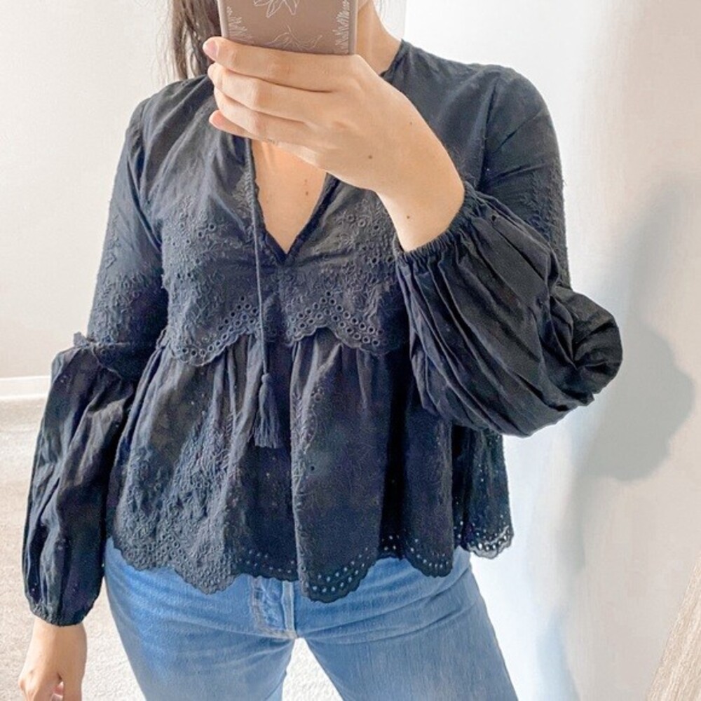 Ulla Johnson Blouse Lucie Boho Black Balloon Sleeve Eyelet Top Cottagecore Flowy